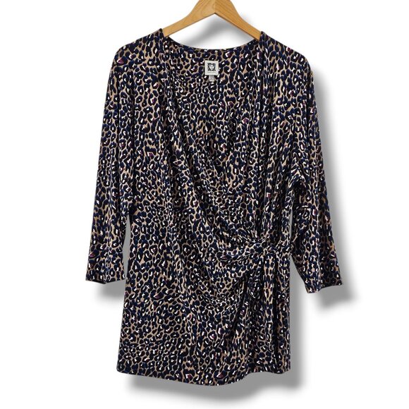 Anne Klein Top Faux Wrap Womens 2X Leopard Print Knot-Front Stretch Brown Blue - Picture 1 of 10